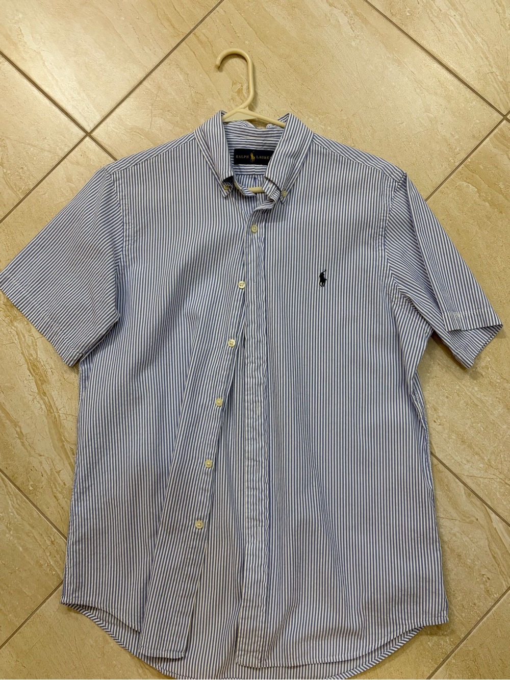 Ralph Lauren Blue and White Striped Short Sleeve Button-Down Shirt